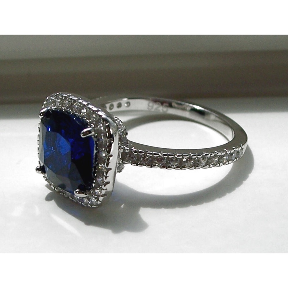925 STERLING SILVER Cushion Cut Blue Spinel & Cubic Zirconia Halo Ring - Picture 12 of 16